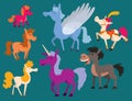 Horse pony stallion vector breeds color farm equestrian mammal domestic animal mane zoo character illustration.