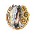 Horse portrait on the background of a horseshoe decorated with sunflowers. Beautiful mare. Watercolor illustration Royalty Free Stock Photo