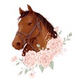 Horse portrait in digital watercolor style and a bouquet of roses