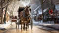 Horse Pulling a Holiday Decorated Carriage Through a Snowy Christmas Village. Generative AI