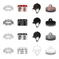 Horse race, stables, jockey rider, brush. Hippodrome and horse racing set collection icons in cartoon black monochrome