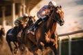 Horse racing, betting on equestrian sports. An equestrian. Many horses are competing, running against the background of the sunset Royalty Free Stock Photo