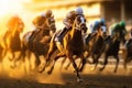 Horse racing, betting on equestrian sports. An equestrian. Many horses are competing, running against the background of the sunset Royalty Free Stock Photo