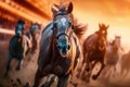 Horse racing, betting on equestrian sports. An equestrian. Many horses are competing, running against the background of the sunset Royalty Free Stock Photo