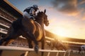 Horse racing, betting on equestrian sports. An equestrian. Many horses are competing, running against the background of the sunset Royalty Free Stock Photo