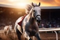 Horse racing, betting on equestrian sports. An equestrian. Many horses are competing, running against the background of the sunset Royalty Free Stock Photo