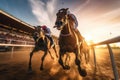 Horse racing, betting on equestrian sports. An equestrian. Many horses are competing, running against the background of the sunset Royalty Free Stock Photo