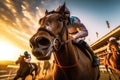 Horse racing, betting on equestrian sports. An equestrian. Many horses are competing, running against the background of the sunset Royalty Free Stock Photo