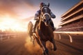 Horse racing, betting on equestrian sports. An equestrian. Many horses are competing, running against the background of the sunset Royalty Free Stock Photo