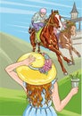 Horse racing competition. Vector illustration. Derby. Woman with cocktail in hat.