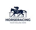 Horse racing, horse with jockey on horse race track, logo design. Equestrian sport, jockey riding and horse racing club, vector de Royalty Free Stock Photo