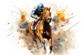 Horse racing jockeys on a race, watercolor illustration, Abstract racing horse with jockey from splash of watercolors, AI