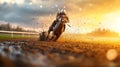 Horse Racing on Muddy Track at Sunset