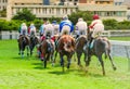 Horse racing in Port-Louis, Mauritius - back view Royalty Free Stock Photo