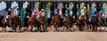 Racehorses pick up speed as they clear the gate.