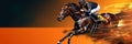 horse racing scene with a jockey in mid-race, fiery orange background, illustrating high velocity Royalty Free Stock Photo