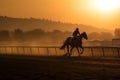 Horse racing at sunset. Silhouette of thoroughbred and jockey. Generative AI.