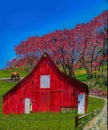 Horse returning to the old red barn landscape. Royalty Free Stock Photo