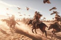 Horse ride in the desert Traditional Mongolian eagle hunter. Generative Ai