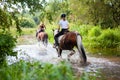 Horse ride, young girls riders, crossing a river on horseback. Royalty Free Stock Photo