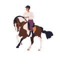 Horse rider. Equestrian riding horseback, sitting on stallion. Equine animal, horseriding, dressage. Horseman in saddle