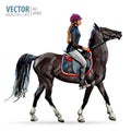 Horse with rider. Jockey on horse. Horse riding. Woman on horse. Sport. Vector illustration.