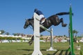 Horse and rider jumping in equestrian competition