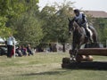 Horse rider jumping over a barrier Royalty Free Stock Photo