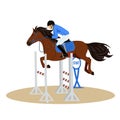 Horse with rider jumping over the barrier. Jockey on horse. Horse riding. Equestrian Sport. Isolated Vector Illustration