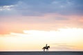 horse and rider in silhouette on horizon at sunset Royalty Free Stock Photo