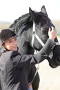 Horse rider, trainer portrait and woman on equestrian training and competition ground. Outdoor, female competitor and