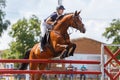 Horse rider woman on show jumping competition Royalty Free Stock Photo