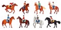 Horse riders. Cavaliers horseback, man rider or female equestrian sitting on thoroughbred horses and racehorses Royalty Free Stock Photo