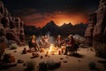Horse riders in the desert by a campfire. 3D rendering, AI Generated Royalty Free Stock Photo