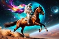 A Horse Riding an Astronaut Mid-Gallop, Suspended in a Star-Filled Cosmos, Mane Flowing with Cosmic Brilliance