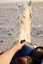 Horse riding, beach and hand of person with animal for travel on holiday or vacation on an island with farm pet in Royalty Free Stock Photo