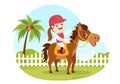 Horse Riding Cartoon Illustration with Cute People Character Practicing Horseback Ride or Equestrianism Sports in the Green Field