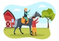 Horse Riding Cartoon Illustration with Cute People Character Practicing Horseback Ride or Equestrianism Sports in the Green Field