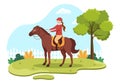 Horse Riding Cartoon Illustration with Cute People Character Practicing Horseback Ride or Equestrianism Sports in the Green Field