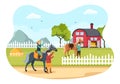 Horse Riding Cartoon Illustration with Cute People Character Practicing Horseback Ride or Equestrianism Sports in the Green Field