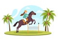 Horse Riding Cartoon Illustration with Cute People Character Practicing Horseback Ride or Equestrianism Sports in the Green Field