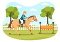 Horse Riding Cartoon Illustration with Cute People Character Practicing Horseback Ride or Equestrianism Sports in the Green Field