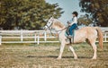 Horse riding, child equestrian and countryside with mockup and girl ready for sports training. Countryside, pet horses Royalty Free Stock Photo