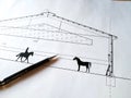 Horse Riding Construction drawing Architecture Detail White paper with dimensions and lines, pencil Royalty Free Stock Photo