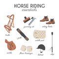 Horse riding essentials trendy square card. Equestrian Equipment vector infographic educational card. Tack and Gear Royalty Free Stock Photo