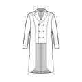 Horse riding jacket tuxedo technical fashion illustration with double breasted, long sleeve, peaked collar, low high hem