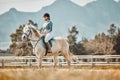 Horse riding, woman equestrian and countryside with mockup and person ready for farm training. Countryside, pet horses Royalty Free Stock Photo