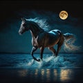 A horse running along the water\'s edge of the seashore on a moonlit night