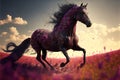 a horse running through a field of flowers with a sky background and clouds in the background with a pink and purple hued paint Royalty Free Stock Photo