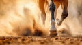 The horse is running, only the legs are visible from under the hooves, dust and sand. The horse is in motion. Royalty Free Stock Photo